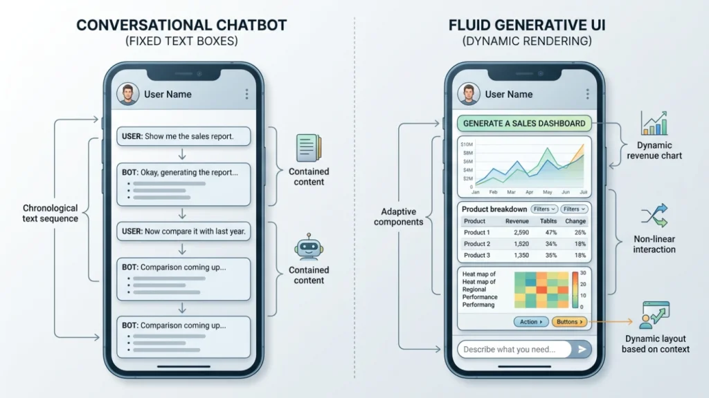 Diagram comparing conversational chatbot text boxes with fluid generative user interface layout rendering.