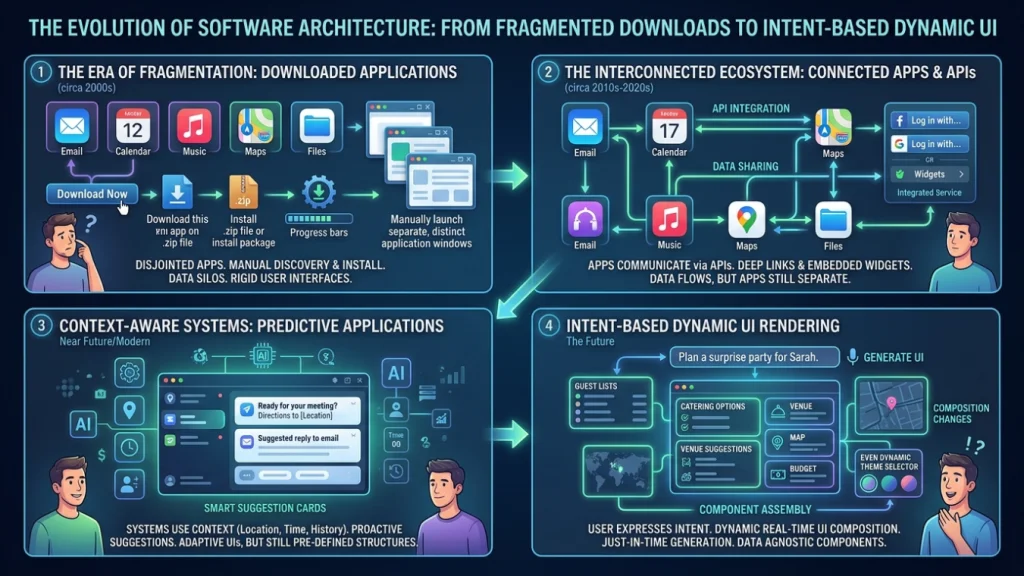 Workflow diagram showing software migration from monolithic app downloads to dynamic API-driven generative UI components.