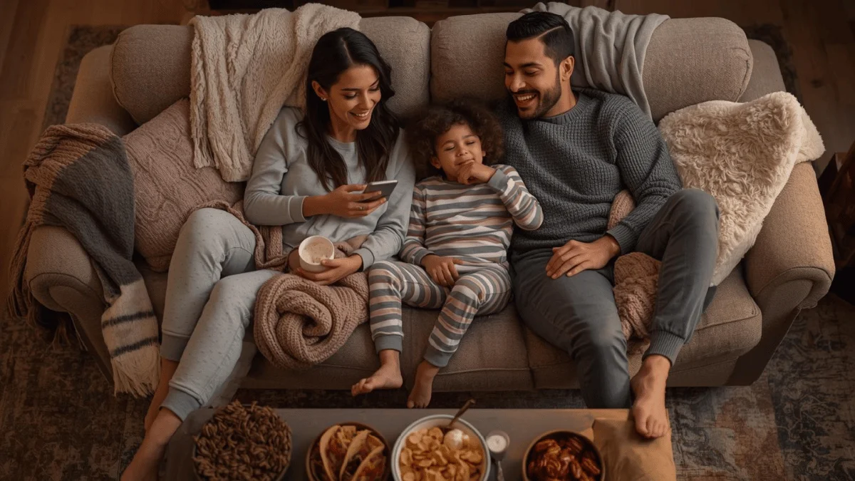 Unique Swedish Family Traditions- Fredagsmys - Family on sofa with snacks - DepoTopic.com