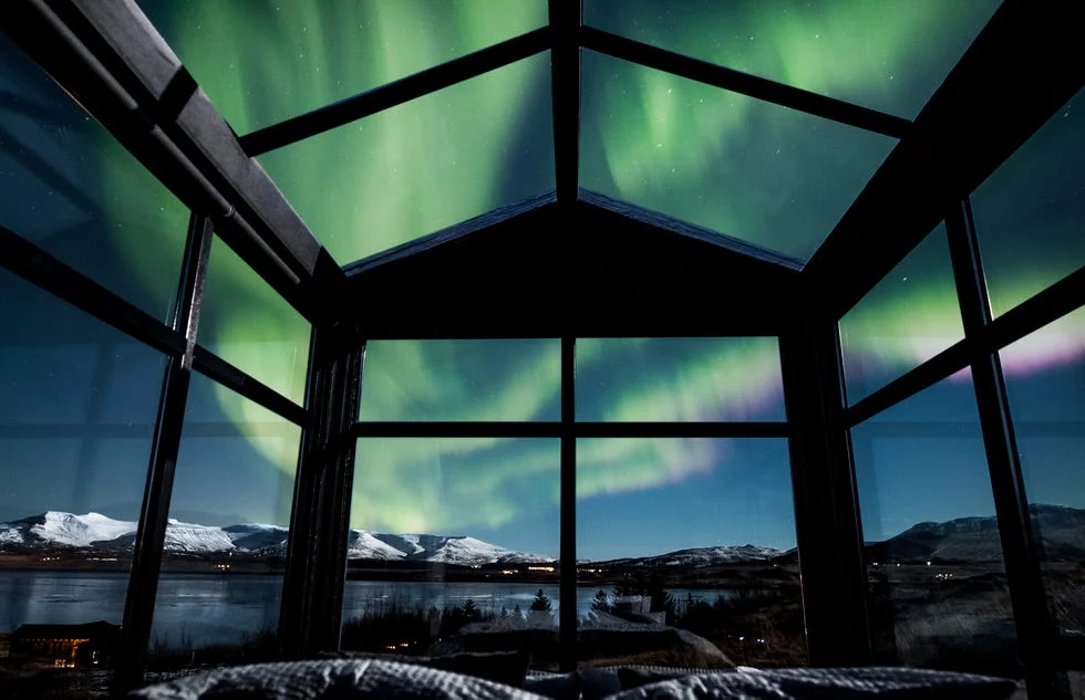 Aurora Borealis viewed from inside a transparent dome